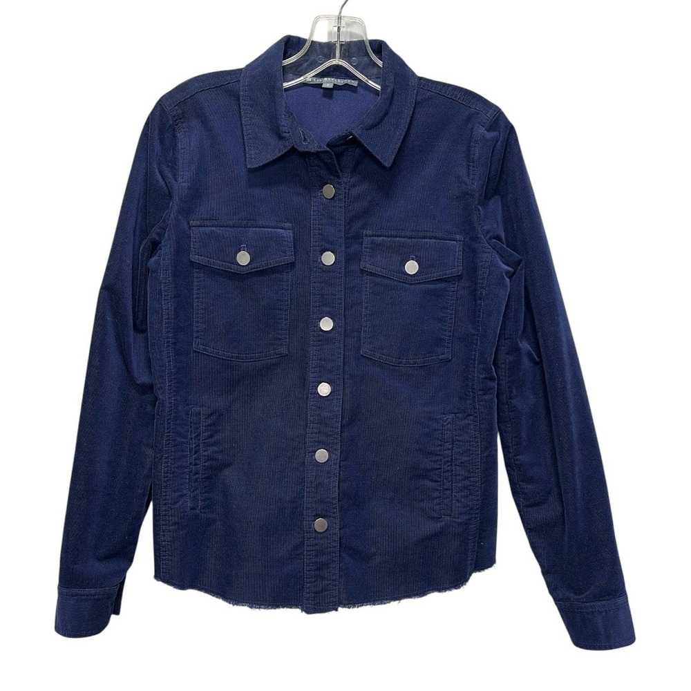 Elliott Lauren Navy Blue Corduroy Button Down Shirt Jacket Raw Hem Size 4